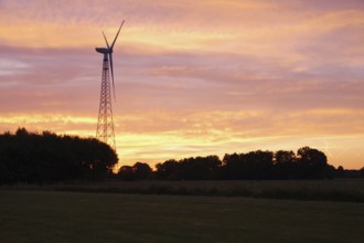 Wind generator, wind turbine, blades, sky, sunrise, landscape, electricity, colour, North