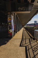 View along the footpath of the Oberhafenbrücke, Hamburg, Germany