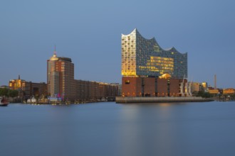 View over the Norderelbe to the Elbphilharmonie in the evening light, long exposure, Hamburg,