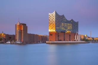 View over the Norderelbe to the Elbphilharmonie in the evening light, long exposure, Hamburg,