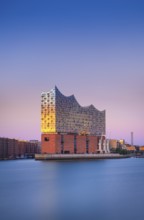 View over the Norderelbe to the Elbphilharmonie in the evening light, long exposure, Hamburg,
