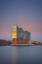 View over the Norderelbe to the Elbphilharmonie in the evening light, long exposure, Hamburg,