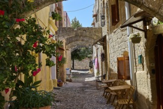 Idyllic, flower-filled alleyway with arches and old stone buildings in historic style, Turkish