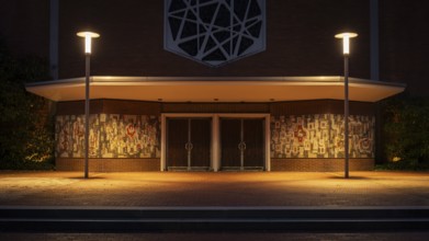 Night shot of the main entrance to the parish church of St Peter and Paul, Neustadt am Rübenberge,