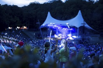 Children with lightsabers at the 25th Berlin Flashlight Concert at the Berlin Waldbühne on