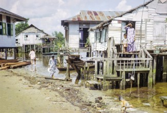 Houses on stilts above sea water in coastal village of Kampong Lorong Fatimah in Singapore,
