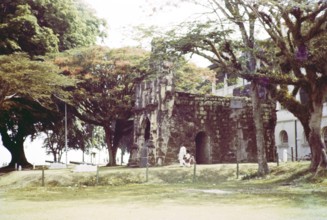 Porta de Santiago, historic Portuguese gateway of A Famosa fortress, Malacca or Melaka, Malaya,