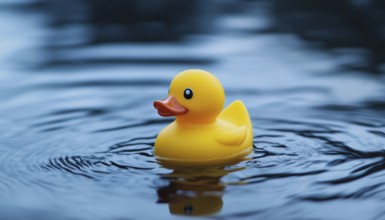 Rubber Duck Floating In Water: A Cute Yellow Rubber Duck Gently Bobbing On The Surface Of The Calm