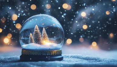 Elegant Christmas Snow Globe In Evening Night Wishes With Falling Snow And Soft Focus Blue Abstract