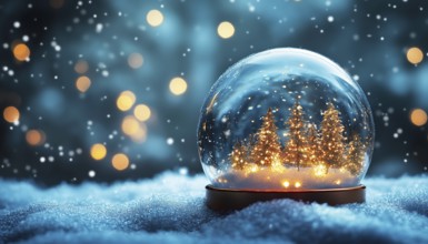 Enchanting Christmas Snow Globe In Evening Night With Falling Snow And Abstract Blue Defocused