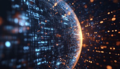 Digital Image Of Globe With Binary Coding And Data Processing On Dark Background: Global Artificial