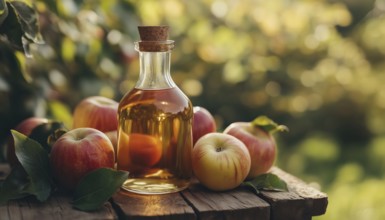Fresh Apples And Apple Cider Vinegar In Glass Bottle - A Perfect Combination For Health And Flavor