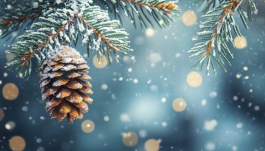 Christmas Fir Branch Adorned With Pine Cone And Snow Flakes For The Holiday Season - A Festive