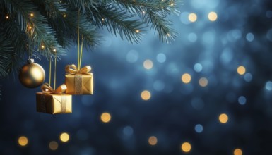 Festive Scene: Christmas Tree Nestled In Bauble On Fir Branch Amidst Blue Abstract Night Sky With