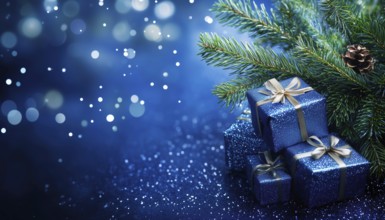 Festive Decor: Ornamented Christmas Tree With Presents On A Pine Branch Against A Blue Abstract