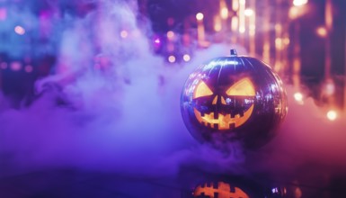 Glowing Halloween Mirror Ball In Pumpkin Disco: Spooky Sphere, Nightclub Atmosphere, Smoke,