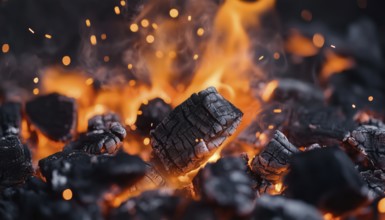 Abstract Defocused Sparks And Hot Flames In Charcoal For Barbecue: Enhancing The Grilling