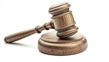 Wooden Judge'S Gavel For Adjudication On White Background: Auction Hammer With Stand For Law And