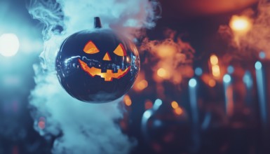 Spooky Halloween Mirror Ball In Disco Pumpkins With Face Reflected On Sphere In Nightclub Amid