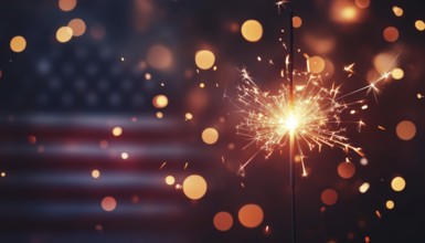 Abstract Defocused Lights On American Flag With Sparkler For 4th Of July Independence Day And
