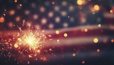 Abstract Defocused Lights On An American Flag With Sparkler For Independence Day And Memorial Day