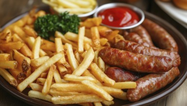 Crispy French Fries And Savory Sausage Platter: Turkish Delight Patates Ve Sosis Kizartmasi. Enjoy