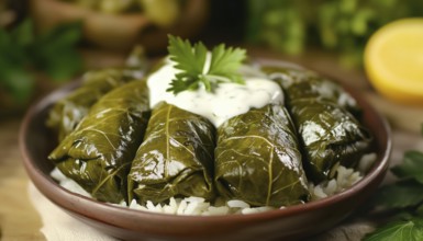 Mouthwatering Dolma Sarma: Grape Leaves Stuffed With Rice, Served With White Yogurt Sauce.