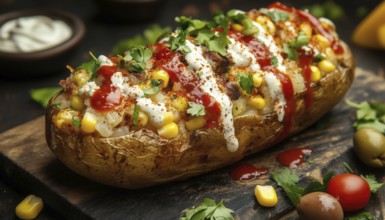 Traditional Turkish Kumpir: Baked Potato Loaded With Cheese, Corn, Sausage, Ketchup, Mayonnaise,