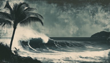 Monochrome Rockstar Coconut Palm Tree Wave Ocean Board Surf Summer In Mezzotint Photocopy Style For