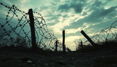 Silhouette Of Barbed Wire And Wooden Stake On The Ground: Elements Of Trench Warfare In A