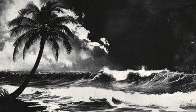 Vintage Music Poster: Monochrome Rockstar Coconut Palm Tree Wave Ocean Board Surf Summer In