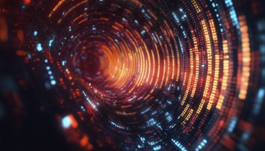 Digital Artwork Featuring Loading Circles, Computer Language, And Abstract Patterns On Gradient