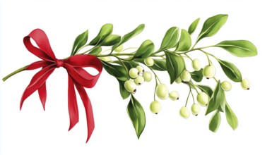Festive Mistletoe Branches Adorned With Berries And A Red Bow On A White Background. Traditional