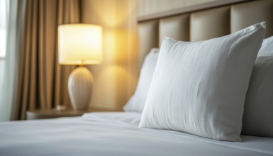 Luxurious White Pillow And Elegant Lamp In Hotel Bedroom Interior With Warm White Balance