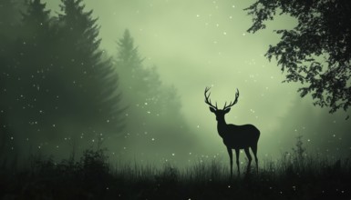 Forest Meadow: Enchanting Deer Silhouette Amongst Trees, Grass, And Mist. Green And Black Magical