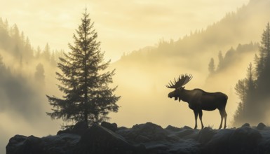 Majestic Moose Silhouette On Hill With Tree, Mountains, And Forest In Enchanting Misty Landscape.