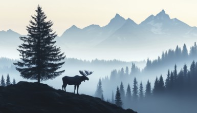 Majestic Moose Silhouette On Hill With Tree, Mountains, And Forest In Enchanting Misty Landscape.