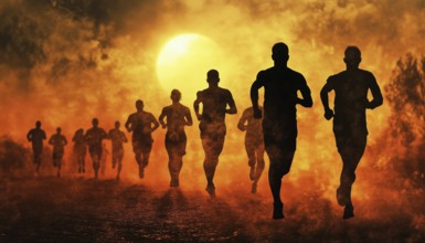 Silhouettes Of Runners In A Marathon Under The Bright Sun: A Striking Scene Of Shadowed Athletes