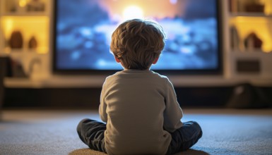 Little Boy Sitting On Floor Watching Tv At Home, Rear View. Tv Screen Showing Photo Of The Author