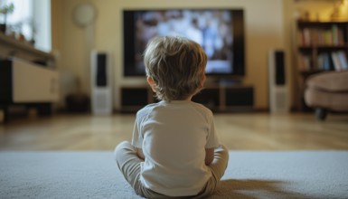 Young Boy Sitting On The Floor, Watching Tv At Home From Behind. Tv Screen Displays A Photo Of A