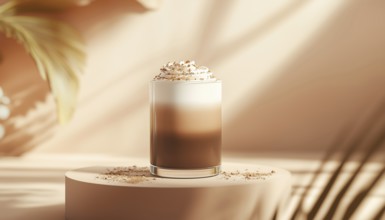 Podium Stage Social Media Post Template For Drink Product Featuring Brown Chocolate Drink Mockup