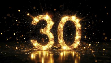 Glowing Golden Number 30 On A Black Background: Stunning Overlay For Birthday And Anniversary
