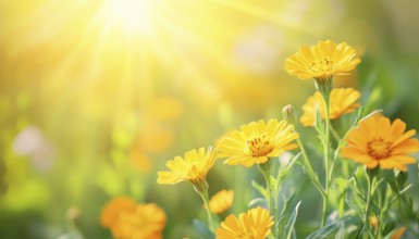 Beautiful Summertime Scene With Marigold Flowers In Sunlight: Calendula Officinalis Blooms In Full