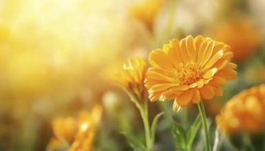 Summer Beauty: Marigold Flowers Bathed In Sunlight. Stunning Natural Landscape Featuring Blooming