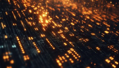 Digital Interface And Communication: Binary Code And Data Processing On Black Grid. Connection And