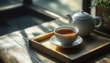 Close-Up Shot Of Teapot And Cup Of Tea On A Wooden Tray, Capturing The Details And Texture Of The