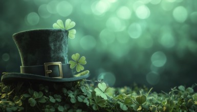 Green Saint Patrick'S Day Celebrations With Top Hat And Clover Leaf: A Festive Display Of Irish