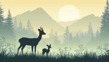 Deer, Doe, And Fawn Silhouettes Standing On Meadow In Magical Misty Landscape With Mountains And