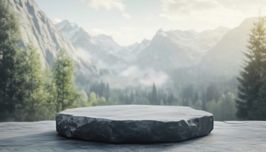 Tranquil Forest Stone Display Stand: Product Presentation In Natural, Serene Setting With Blurred