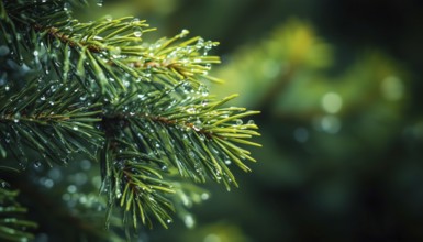 Close-Up Of Wet Pine Branches With Raindrops And Blurred Background Of Needles, Twigs, And Drops